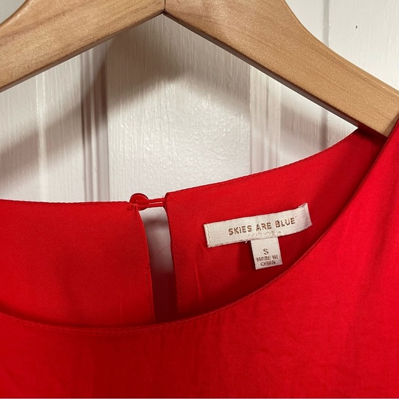 Skies are Blue Red Dress Sheath Mini Flutter Sleeve Small Tomato Red Crinkle - Picture 4 of 9